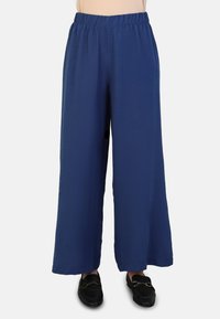 Navy blue wide-leg pants with an elastic waistband, made from a lightweight fabric, featuring a smooth texture and no visible fastenings.