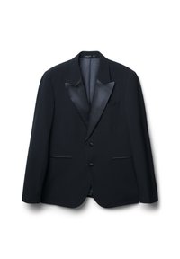Schwarze Smokingjacke mit satinierter Spitzlapel, zweiknöpfigem Frontverschluss und zwei aufgesetzten Taschen. Glatte Textur, taillierte Passform, minimale Verzierungen.