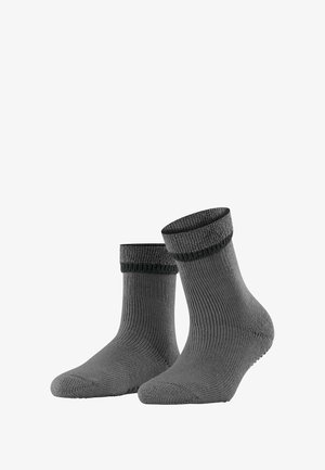 Graue Socken mit rippled Textur und einem dunklen Band an der Oberseite, die zusammen gezeigt werden, wobei der Schwerpunkt auf ihrer Form und ihrem Design liegt.