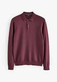 Polo à manches longues bordeaux avec patte de boutonnage à trois boutons, poignets et ourlet côtelés. Texture lisse avec un subtil éclat, fabriqué en tissu doux.