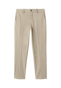 Pantalones beiges ajustados hechos de tejido ligero. Con bolsillos frontales, cierre de botón y diseño de pierna recta. Sin adornos visibles.