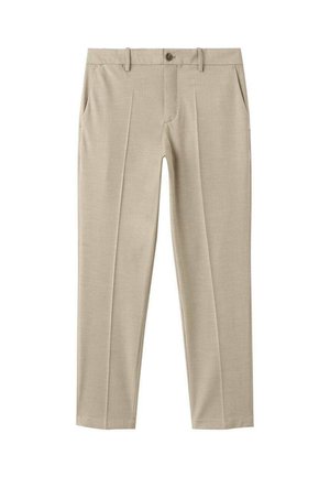 Pantalones beiges ajustados hechos de tejido ligero. Con bolsillos frontales, cierre de botón y diseño de pierna recta. Sin adornos visibles.