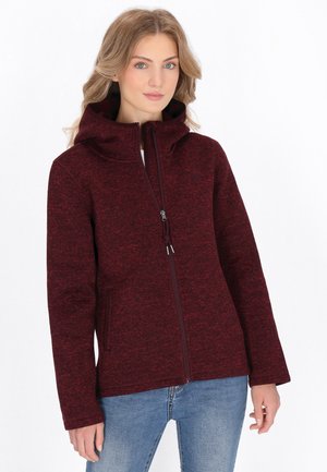 Burgundy hooded jacket with textured fabric, front zipper, and two side pockets. Features a high collar and elastic cuffs.