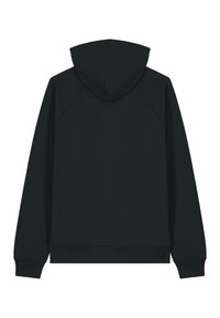 Haut à capuche noir avec poche kangourou, poignets et ourlet côtelés. Fabriqué à partir d'un tissu doux avec une coupe décontractée. Sans marque visible.