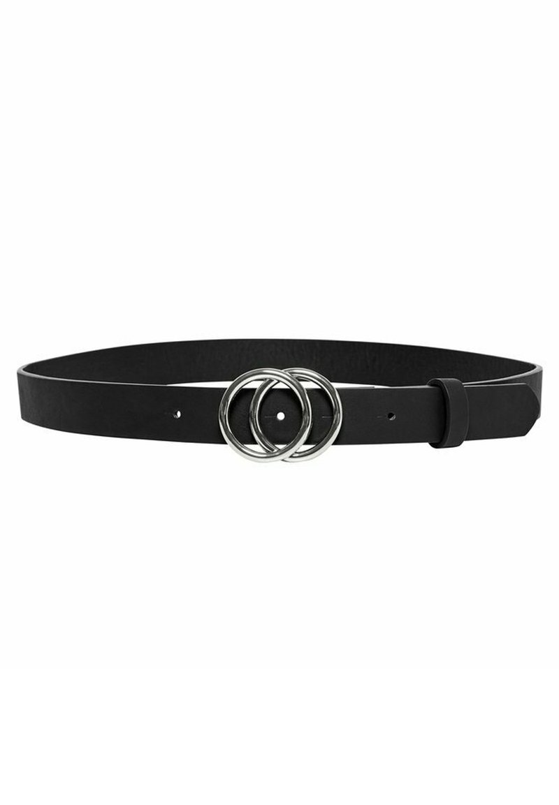 Cinturón de cuero negro con una textura suave. Presenta una hebilla de doble anillo plateada y una ranura ajustable para personalizar el tamaño.