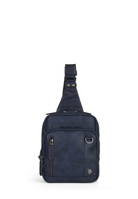 Marineblaue Lederschultertasche mit strukturierter Oberfläche, Reißverschlusstasche vorn, Logopatch und verstellbarem Riemen. Mit silbernen Metallelementen.