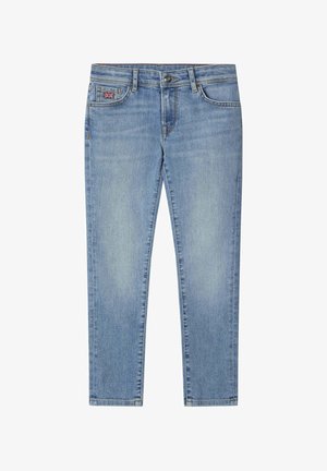 Světle modré džíny s úzkým střihem, designem s pěti kapsami a jemným opráním. Obsahují metalové zapínání na knoflík a malou nášivku s logem.