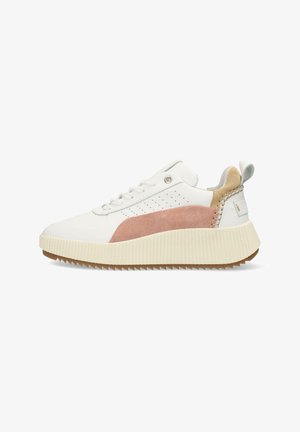 White sneaker with a pink suede panel, textured white midsole, and rubber outsole. Features lace-up design and small perforations.