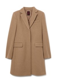Bruine wollen jas met een uitgesneden kraag, enkele knoopsluiting, twee zijzakken en een nette, op maat gemaakte silhouet.