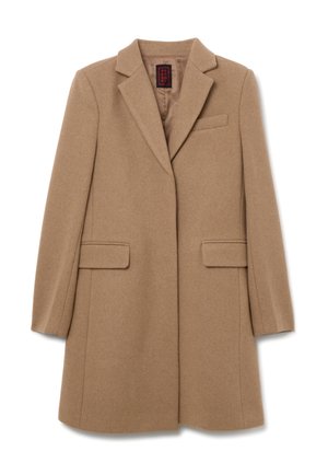 Cappotto di lana marrone con collo a revers, chiusura a un bottone, due tasche laterali e una silhouette pulita e sartoriale.