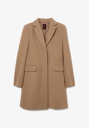 Cappotto di lana marrone con collo a revers, chiusura a un bottone, due tasche laterali e una silhouette pulita e sartoriale.