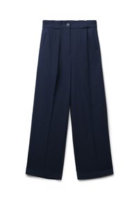 Pantaloni blu navy a gamba larga con texture a righe verticali, tasche frontali e chiusura con un bottone in vita.