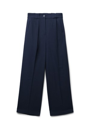 Pantaloni blu navy a gamba larga con texture a righe verticali, tasche frontali e chiusura con un bottone in vita.