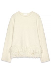 Kremast pulover z teksturo, okroglim izrezom in dolgimi rokavi. Ima raztrgane robove na spodu, ki dodajajo vizualno zanimivost.