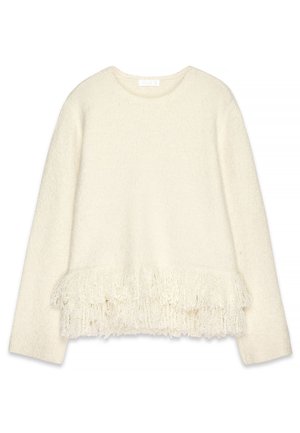 Kremast pulover z teksturo, okroglim izrezom in dolgimi rokavi. Ima raztrgane robove na spodu, ki dodajajo vizualno zanimivost.