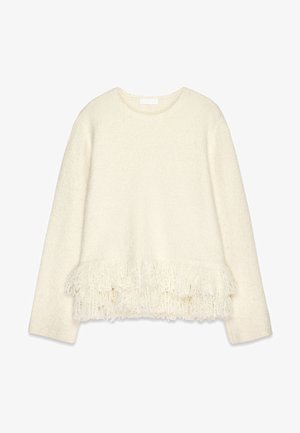 Cream, textured sweater with a rounded neckline and long sleeves. Features a frayed fringe detail at the hem for added visual interest.