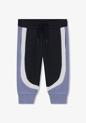 Pantalon de jogging pour enfants avec centre noir, bandes latérales courbes blanches, poignets et panneaux latéraux bleu pervenche, avec une taille à cordon noir.