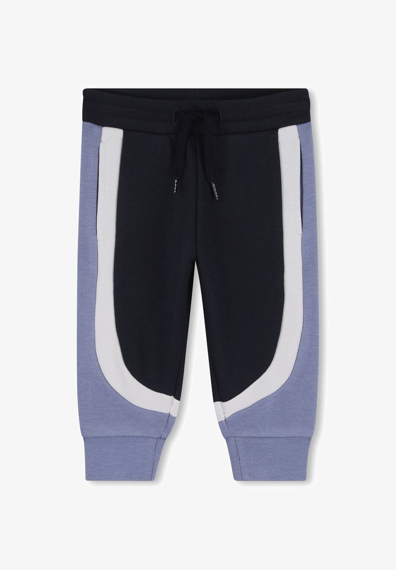 Pantalon de jogging pour enfants avec centre noir, bandes latérales courbes blanches, poignets et panneaux latéraux bleu pervenche, avec une taille à cordon noir.