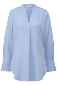 Blouse bleu clair à manches longues avec larges poignets, encolure ronde fendue et coupe ample et fluide.