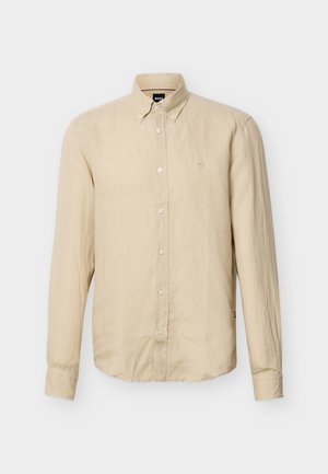 Camicia beige a maniche lunghe con bottoni, collo con bottoni e piccolo logo ricamato sul petto sinistro.