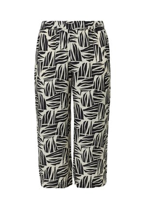 Pantalons à motifs noirs et beiges présentant un design de feuilles, fabriqués en tissu léger avec une taille élastique et une longueur courte.