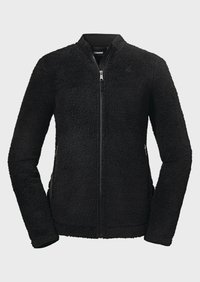Schwarze Fleecejacke mit strukturiertem Oberflächen, ohne Kragen, mit Frontreißverschluss und Seitentaschen. Lange Ärmel mit elastischen Bündchen.