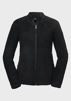 Schwarze Fleecejacke mit strukturiertem Oberflächen, ohne Kragen, mit Frontreißverschluss und Seitentaschen. Lange Ärmel mit elastischen Bündchen.