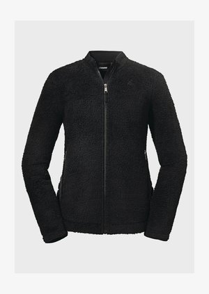 Black fleece jacket with a textured surface, collarless design, front zipper, and side pockets. Long sleeves with elastic cuffs.