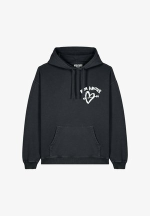 Hoodie noir en coton, avec une poche avant, des poignets côtelés et une illustration blanche portant l'inscription "Mon Amour" accompagnée d'un motif de cœur.