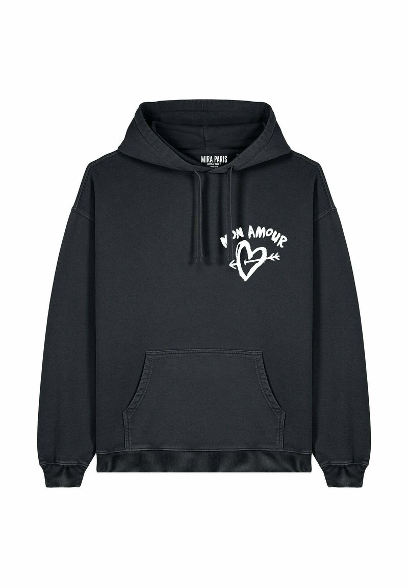 Felpa nera in cotone, con tasca frontale, polsini a coste e una grafica bianca che recita "Mon Amour" con un design a forma di cuore.