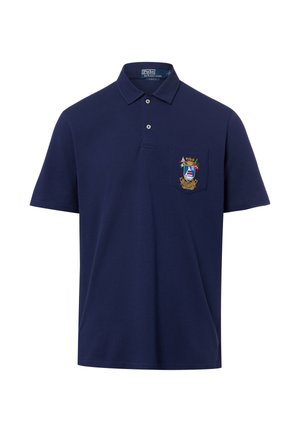 Navy blue polo shirt with short sleeves, two-button placket, chest pocket, and colorful embroidered crest on the pocket.