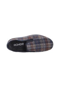 Pantofola di lana con un motivo a quadri blu navy, marrone e beige. Design slip-on, texture morbida e logo ROHDE sulla soletta.