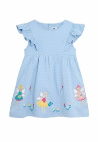 Vaaleansininen pilkullinen mekko, jossa on röyhelöhihoja. Mekossa on brodeerattuja keijuja ja kukkia helman kohdalla. Valmistettu pehmeästä ja hengittävästä kankaasta.