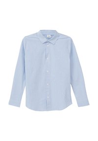 Blauw-wit gestreepte button-down shirt met kraag, lange mouwen en een rechte zoom. De stof lijkt lichtgewicht en soepel te zijn.