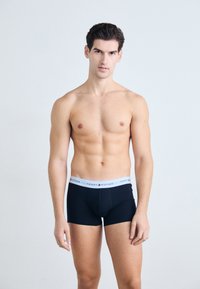 Schwarze Boxershorts mit einem weißen elastischen Bund, der das Logo "TOMMY HILFIGER" trägt. Glatter Stoff, enganliegendes Design, mit Oberschenkel-langer Länge.