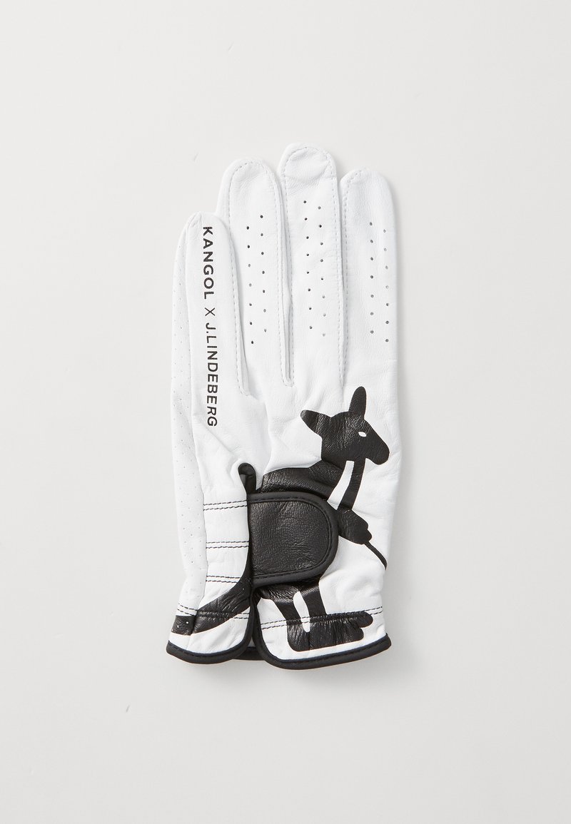 Hvid læder golfhandske med sorte detaljer, der har perforeringer for åndbarhed og et grafisk motiv af en hund. Designet til komfort og greb.
