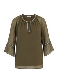 Blouse transparente vert olive avec manches évasées. Dotée d'un col rond, d'un lien à cordon et d'un bord argenté brillant le long des bords.