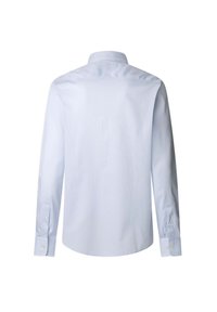 Camicia azzurro chiaro a maniche lunghe con colletto botton-down, texture liscia e polsini abbottonati, caratterizzata da un orlo dritto e sottili righe verticali.
