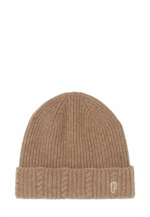 Beanie a coste marrone con risvolto e dettaglio a treccia; presenta un piccolo logo ricamato di lato.
