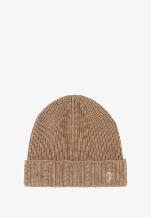 Gorro de punto acanalado marrón con vuelta en el puño y detalle de patrón de trenzas; cuenta con un pequeño logo bordado en el lateral.