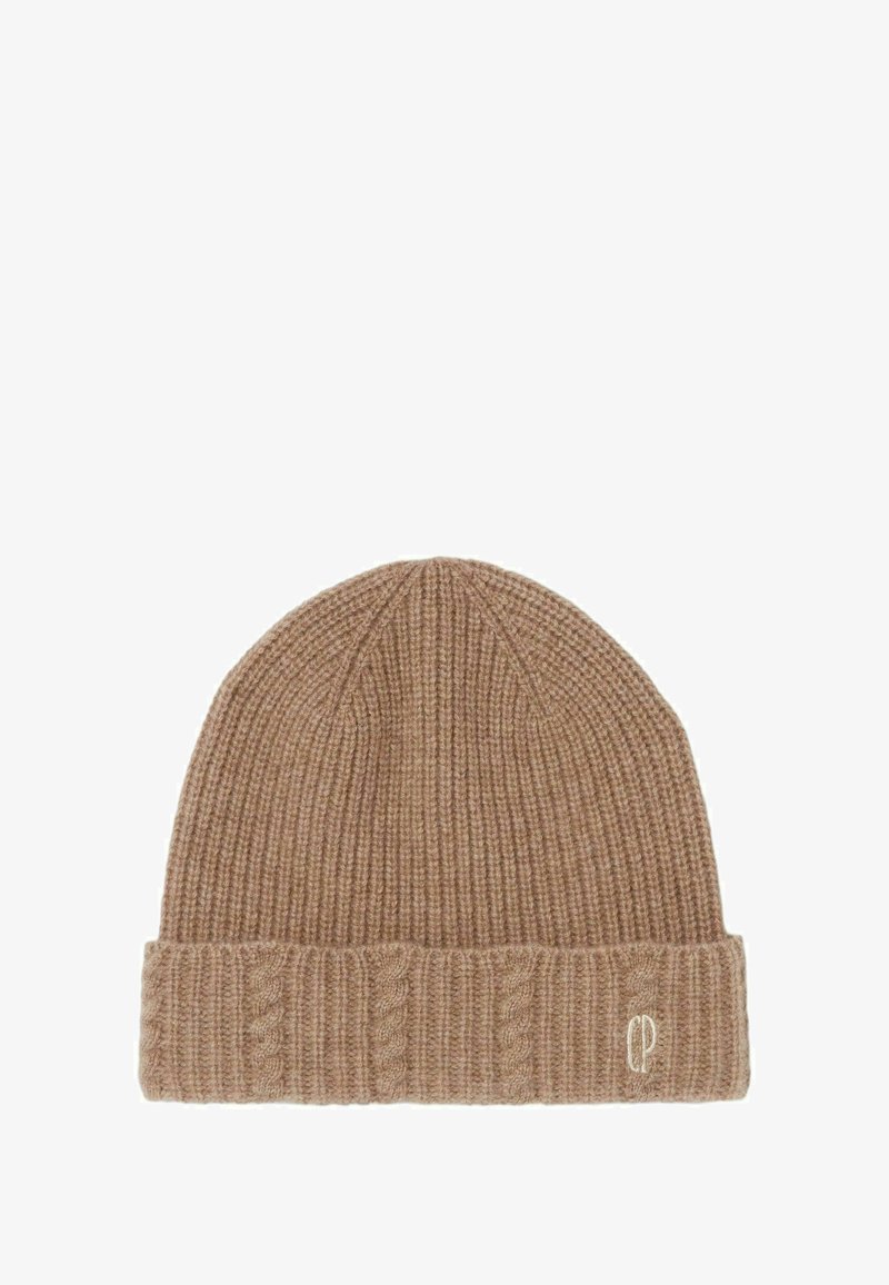 Beanie a coste marrone con risvolto e dettaglio a treccia; presenta un piccolo logo ricamato di lato.