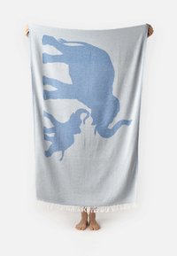 Light blue blanket featuring silhouettes of an adult elephant and a young elephant. Fringed edges and soft texture add detail.