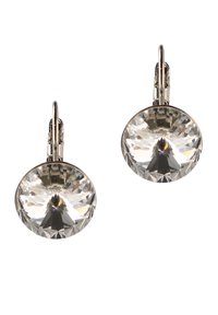 Ronde, heldere kristallen oorbellen met een facette-afwerking, bevestigd in metalen clips; de glanzende afwerking benadrukt de sprankeling en helderheid van de kristallen.