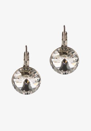 Round, clear crystal earrings with a faceted surface, set in metallic clips; shiny finish highlights the sparkle and clarity of the crystals.
