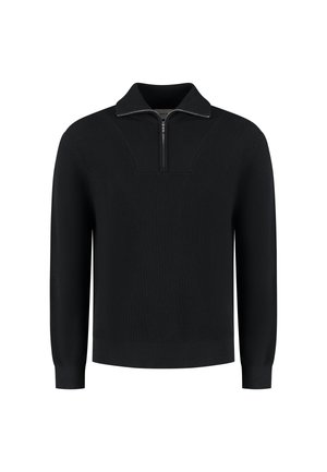 Black ribbed knit sweater with long sleeves and a half-zip collar.