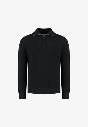 Black ribbed knit sweater with long sleeves and a half-zip collar.