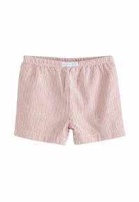 Röda och vita randiga shorts med elastisk midja. Texturerad tyg med vertikala ränder och rundad kant för komfort.