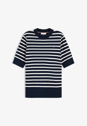 Marineblaues und weiß gestreiftes kurzärmeliges T-Shirt mit Rundhalsausschnitt und kleinem Logo auf der linken Brust.