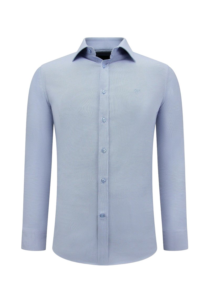 Lichtblauwe lange mouwen shirt met een button-down kraag en een voorpand. Kenmerkt zich door een gestructureerde stof en een klein logo op de borst.
