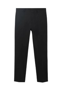 Pantalons noirs en tissu lisse, dotés d'une coupe droite, d'une taille plate et de poches discrètes. Pas de motifs ou d'accents visibles.